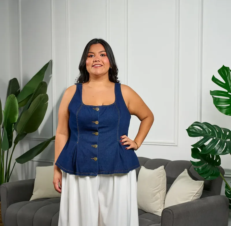 Blusa Denim Peplum en denim azul plus size, tallas 1XL — BOLEM El Salvador