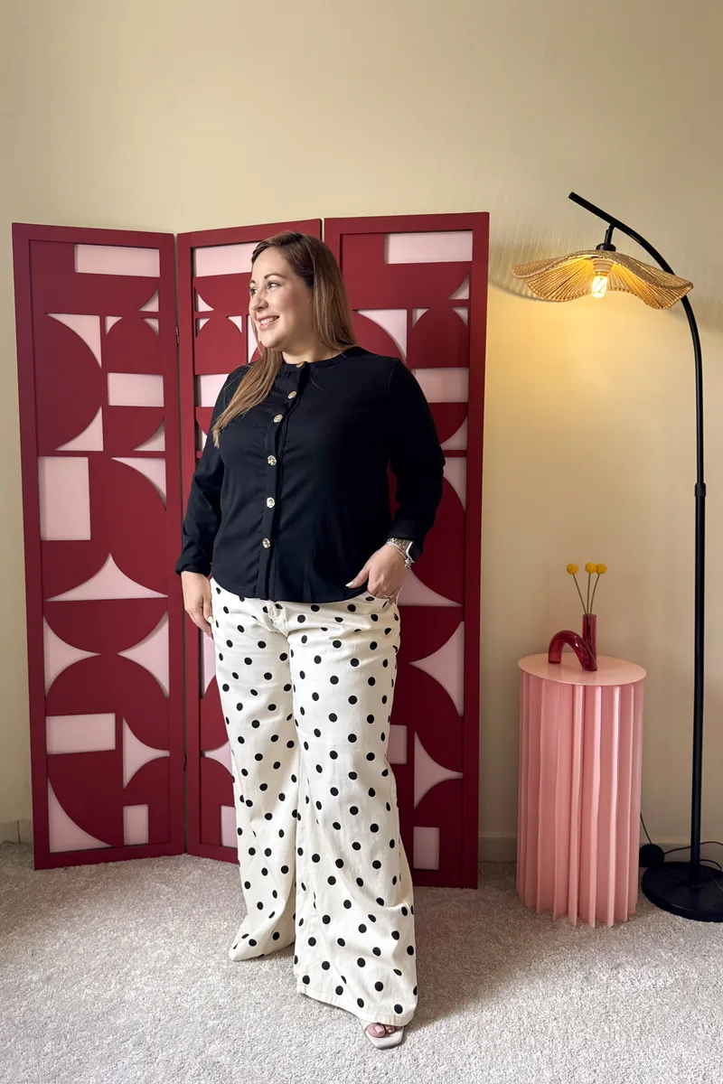 Pantalón de Lunares crema con lunares negros, pierna ancha plus size, tallas 4XL — BOLEM El Salvador