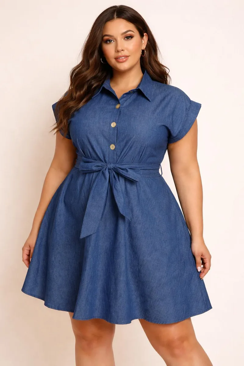 Vestido Camisero Denim en mezclilla con cinturón de lazo plus size, tallas 1XL–3XL — BOLEM El Salvador